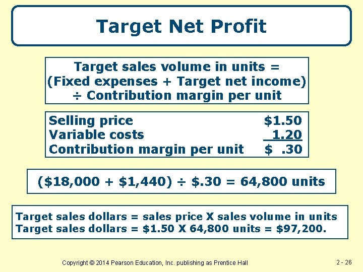 Target Net Profit Target sales volume in units = (Fixed expenses + Target net