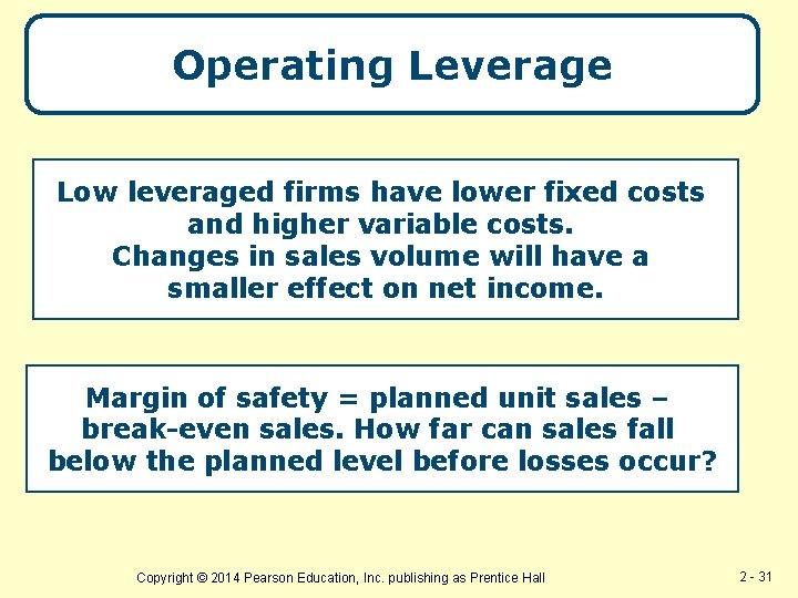 Operating Leverage Low leveraged firms have lower fixed costs and higher variable costs. Changes