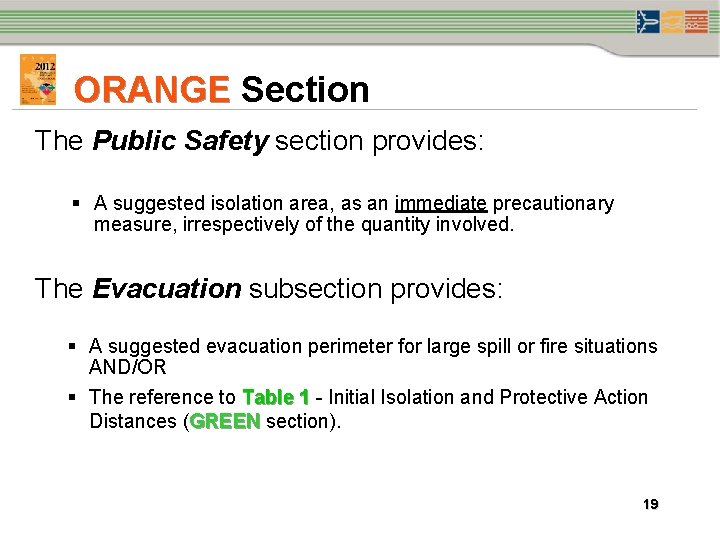 ORANGE Section The Public Safety section provides: § A suggested isolation area, as an ORANGE Section The Public Safety section provides: § A suggested isolation area, as an