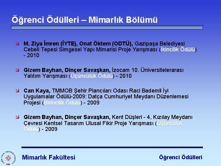 Öğrenci Ödülleri – Mimarlık Bölümü æ M. Ziya İmren (İYTE), Onat Öktem (ODTÜ), Gazipaşa