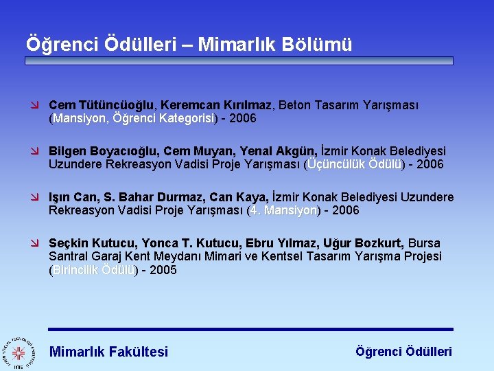 Öğrenci Ödülleri – Mimarlık Bölümü æ Cem Tütüncüoğlu, Keremcan Kırılmaz, Beton Tasarım Yarışması (Mansiyon,