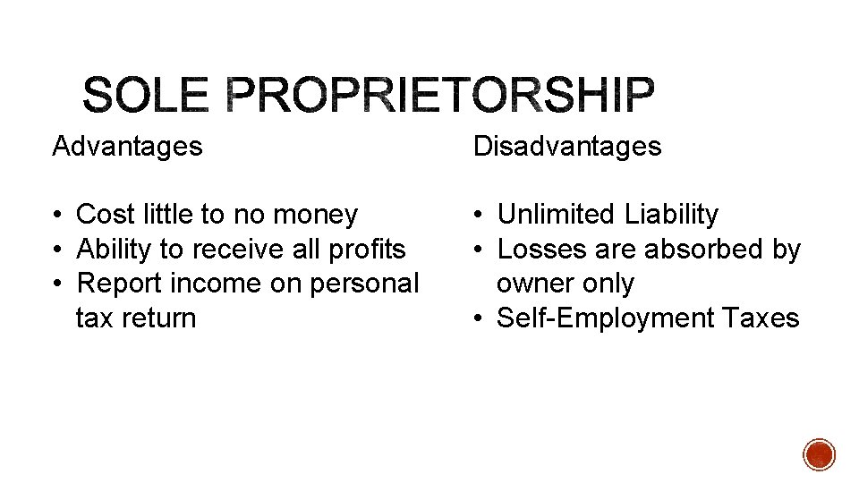 Advantages Disadvantages • Cost little to no money • Ability to receive all profits