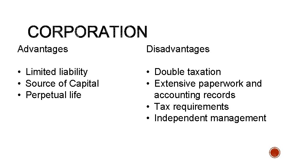 Advantages Disadvantages • Limited liability • Source of Capital • Perpetual life • Double