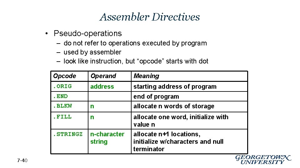 Assembler Directives • Pseudo-operations – do not refer to operations executed by program –