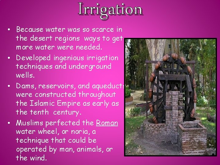Irrigation • Because water was so scarce in the desert regions ways to get