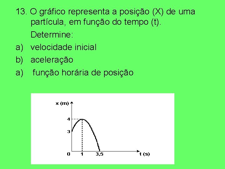 13. O gráfico representa a posição (X) de uma partícula, em função do tempo