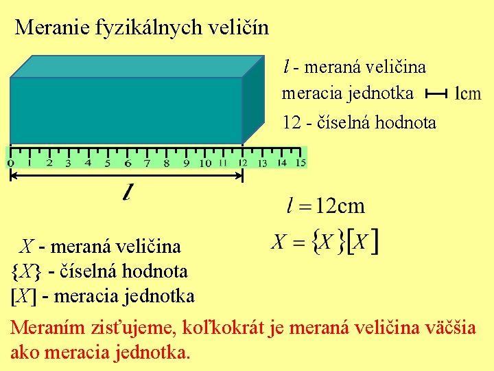 Meranie fyzikálnych veličín l - meraná veličina meracia jednotka 12 - číselná hodnota X