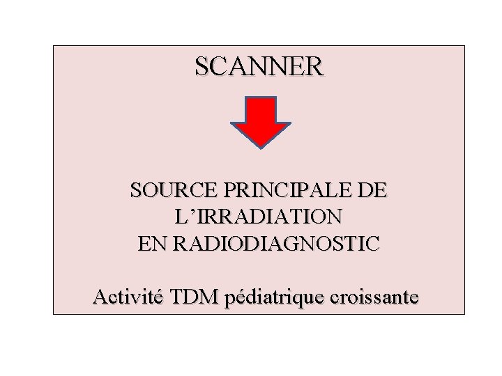 SCANNER SOURCE PRINCIPALE DE L’IRRADIATION EN RADIODIAGNOSTIC Activité TDM pédiatrique croissante 