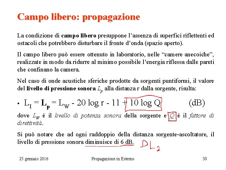 Campo libero: propagazione La condizione di campo libero presuppone l’assenza di superfici riflettenti ed