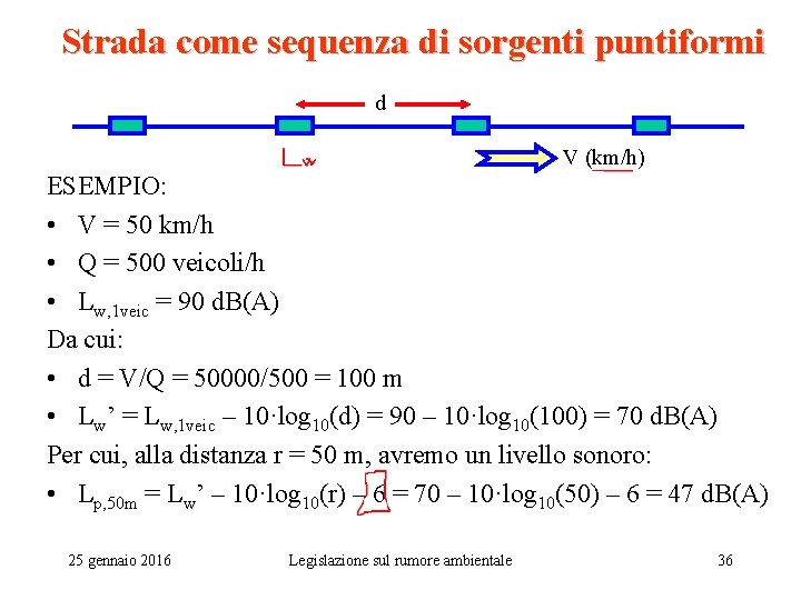 Strada come sequenza di sorgenti puntiformi d V (km/h) ESEMPIO: • V = 50