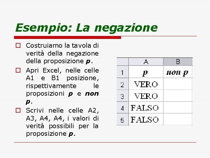 Esempio: La negazione o Costruiamo la tavola di verità della negazione della proposizione p.