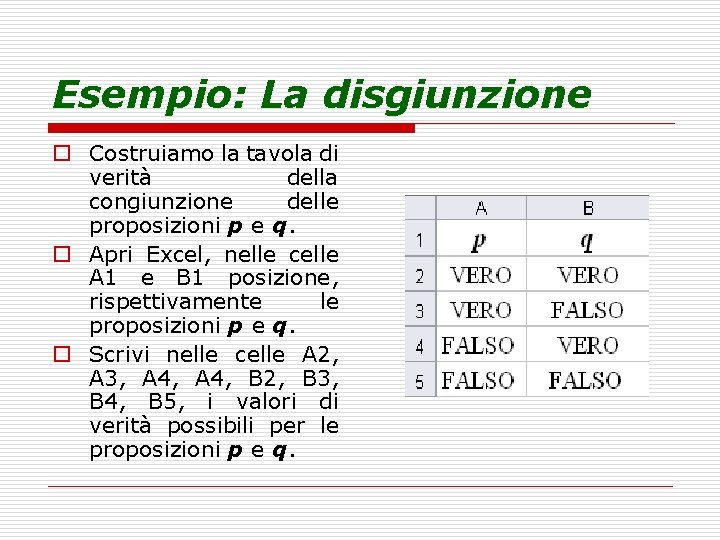 Esempio: La disgiunzione o Costruiamo la tavola di verità della congiunzione delle proposizioni p