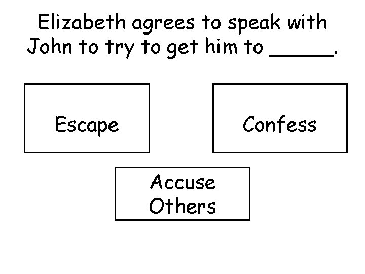 Elizabeth agrees to speak with John to try to get him to _____. Escape