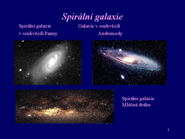 Spirální galaxie v souhvězdí Panny Galaxie v souhvězdí Andromedy Spirální galaxie Mléčná dráha 4