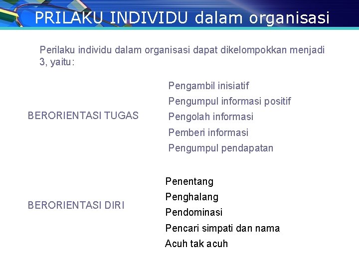 PRILAKU INDIVIDU dalam organisasi Perilaku individu dalam organisasi dapat dikelompokkan menjadi 3, yaitu: Pengambil