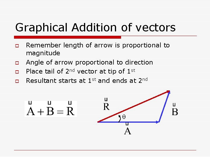 Graphical Addition of vectors o o Remember length of arrow is proportional to magnitude