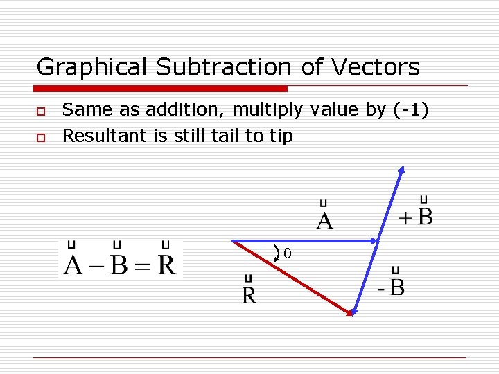 Graphical Subtraction of Vectors o o Same as addition, multiply value by (-1) Resultant