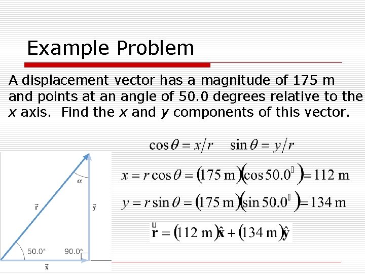 Example Problem A displacement vector has a magnitude of 175 m and points at
