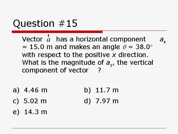 Question #15 Vector has a horizontal component ax = 15. 0 m and makes