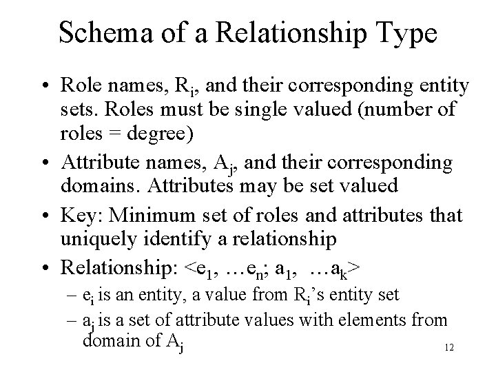 Schema of a Relationship Type • Role names, Ri, and their corresponding entity sets.