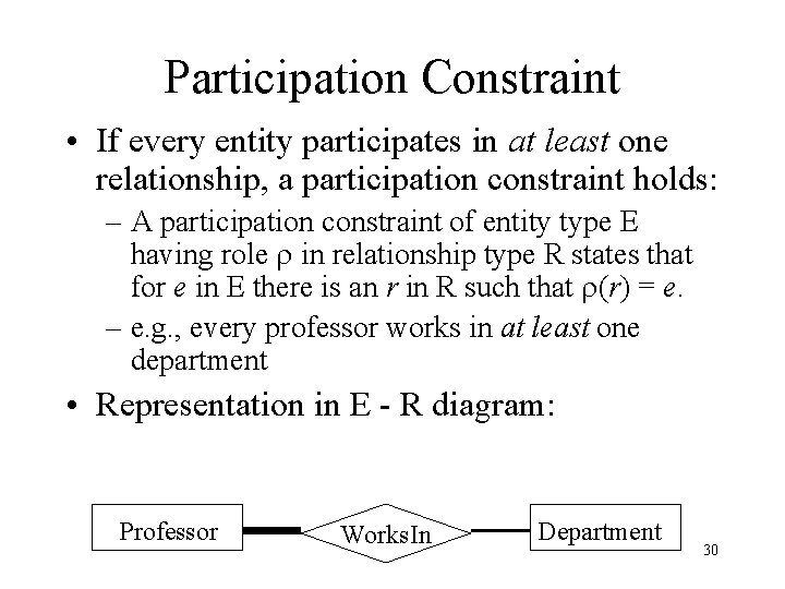 Participation Constraint • If every entity participates in at least one relationship, a participation