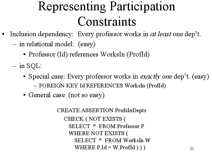 Representing Participation Constraints • Inclusion dependency: Every professor works in at least one dep’t. Representing Participation Constraints • Inclusion dependency: Every professor works in at least one dep’t.