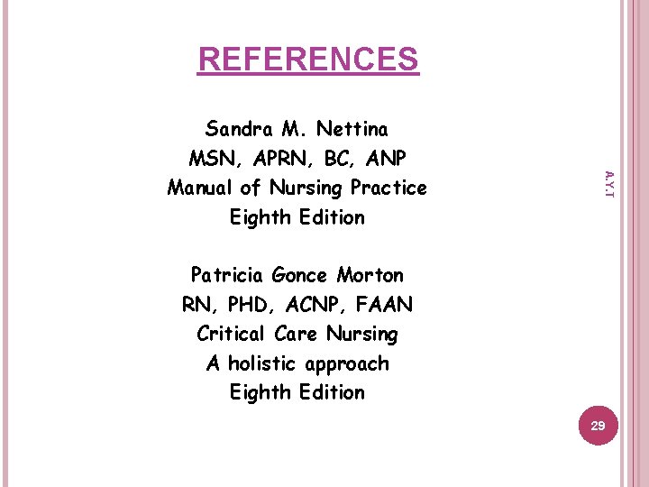 REFERENCES A. Y. T Sandra M. Nettina MSN, APRN, BC, ANP Manual of Nursing