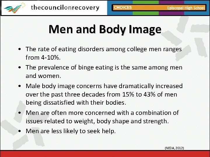 Men and Body Image • The rate of eating disorders among college men ranges