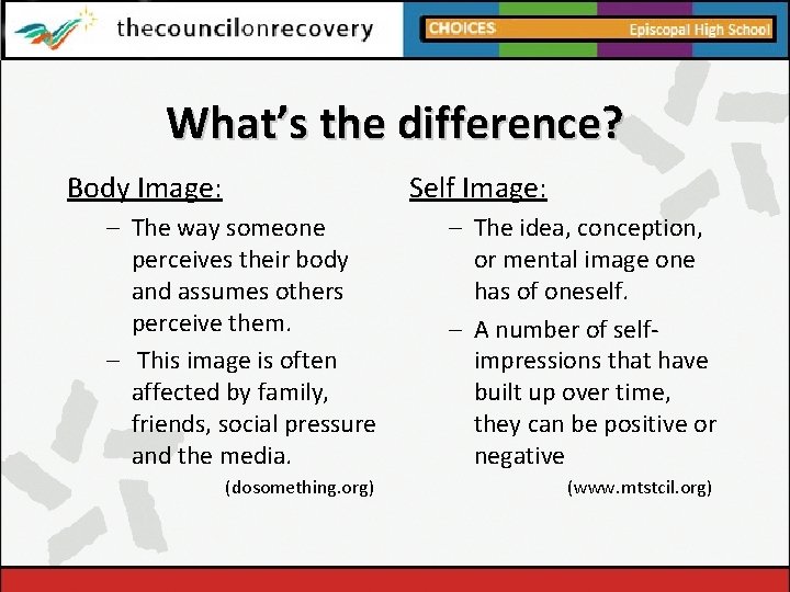 What’s the difference? Body Image: Self Image: – The way someone perceives their body