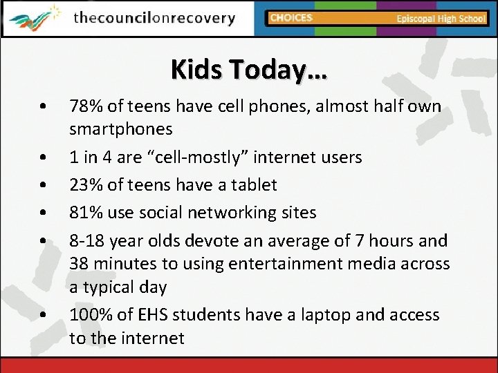 Kids Today… • • • 78% of teens have cell phones, almost half own