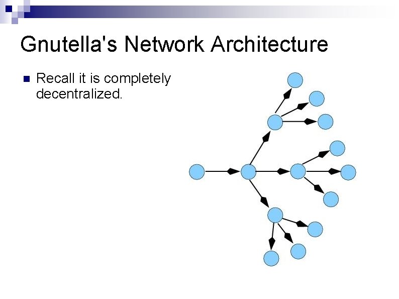 Gnutella's Network Architecture Recall it is completely decentralized. 