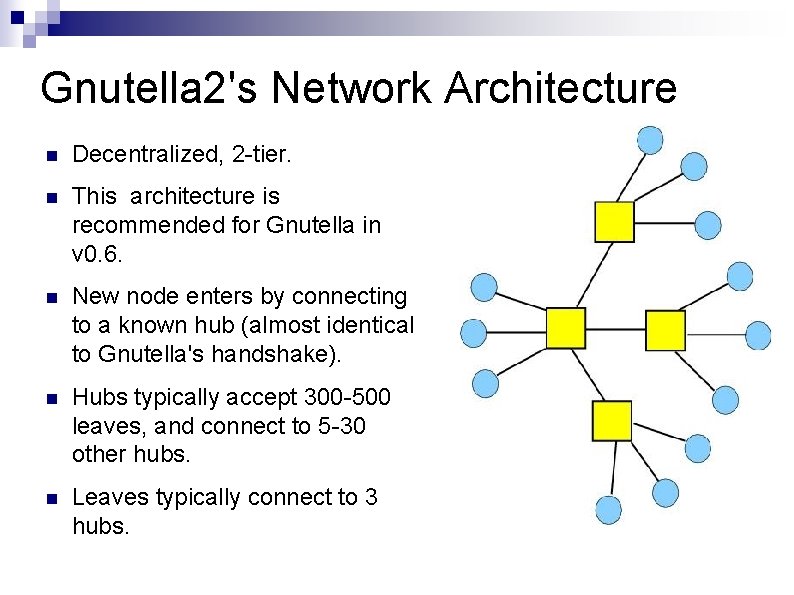 Gnutella 2's Network Architecture Decentralized, 2 -tier. This architecture is recommended for Gnutella in