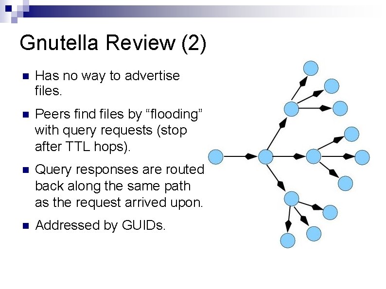 Gnutella Review (2) Has no way to advertise files. Peers find files by “flooding”