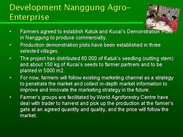 Development Nanggung Agro. Enterprise • • • Farmers agreed to establish Katuk and Kucai’s