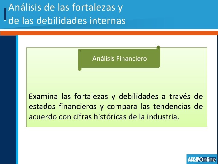 Análisis de las fortalezas y de las debilidades internas Análisis Financiero Examina las fortalezas