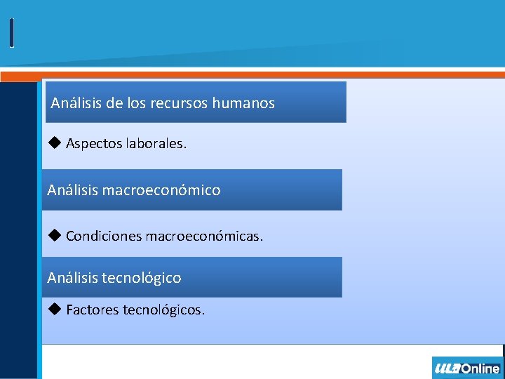 Análisis de los recursos humanos u Aspectos laborales. Análisis macroeconómico u Condiciones macroeconómicas. Análisis