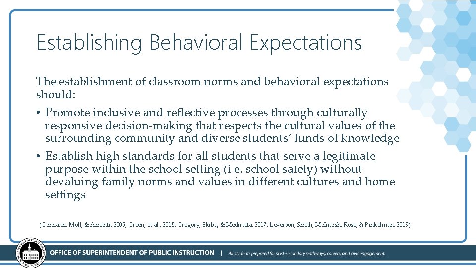 Establishing Behavioral Expectations The establishment of classroom norms and behavioral expectations should: • Promote