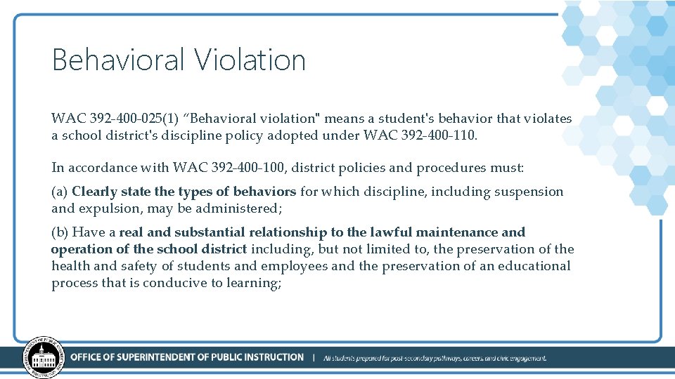 Behavioral Violation WAC 392 -400 -025(1) “Behavioral violation" means a student's behavior that violates