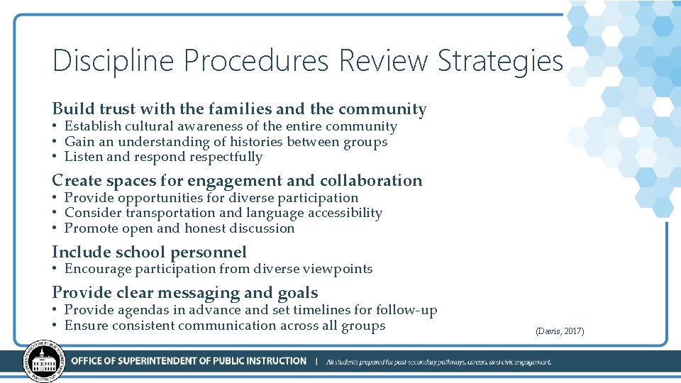 Discipline Procedures Review Strategies Build trust with the families and the community • Establish