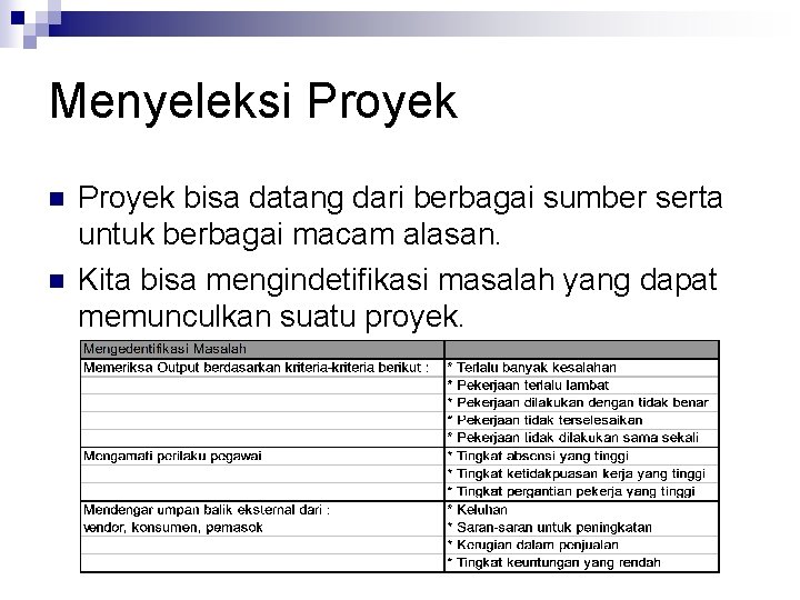 Menyeleksi Proyek n n Proyek bisa datang dari berbagai sumber serta untuk berbagai macam