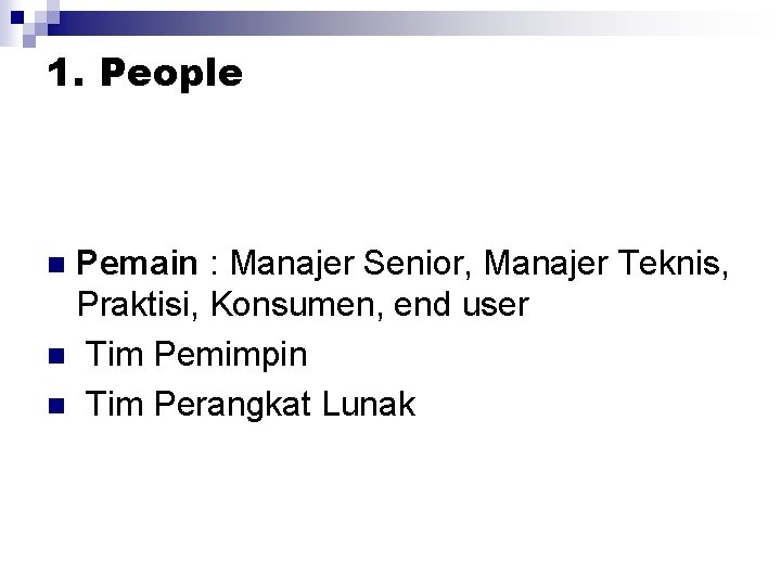 1. People Pemain : Manajer Senior, Manajer Teknis, Praktisi, Konsumen, end user n Tim