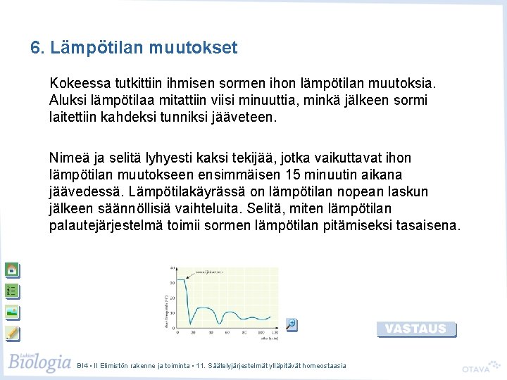 6. Lämpötilan muutokset Kokeessa tutkittiin ihmisen sormen ihon lämpötilan muutoksia. Aluksi lämpötilaa mitattiin viisi