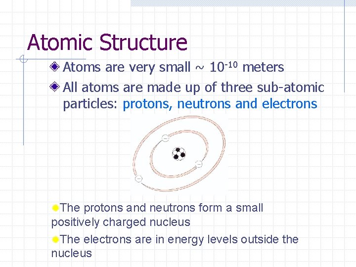 Atomic Structure Atoms are very small ~ 10 -10 meters All atoms are made