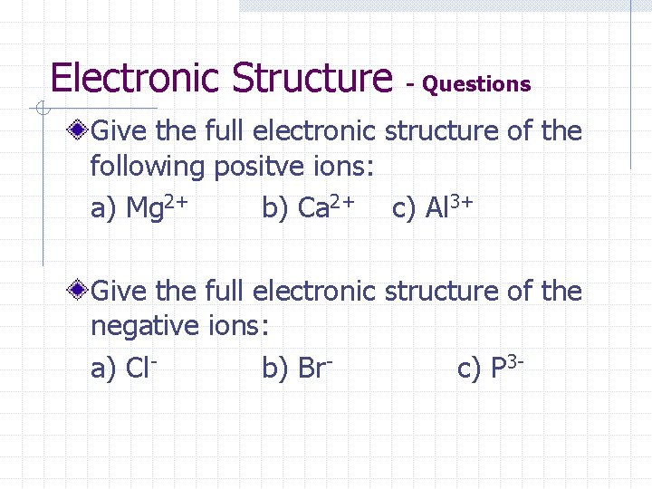 Electronic Structure - Questions Give the full electronic structure of the following positve ions: