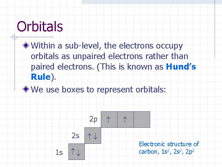 Orbitals Within a sub-level, the electrons occupy orbitals as unpaired electrons rather than paired
