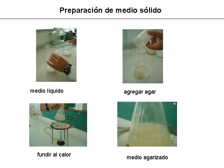 Preparación de medio sólido medio líquido fundir al calor agregar agar medio agarizado 