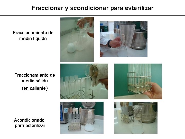 Fraccionar y acondicionar para esterilizar Fraccionamiento de medio líquido Fraccionamiento de medio sólido (en