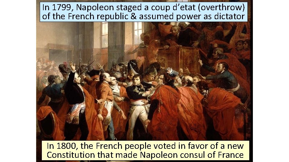 In 1799, Napoleon staged a coup d’etat (overthrow) of the French republic & assumed