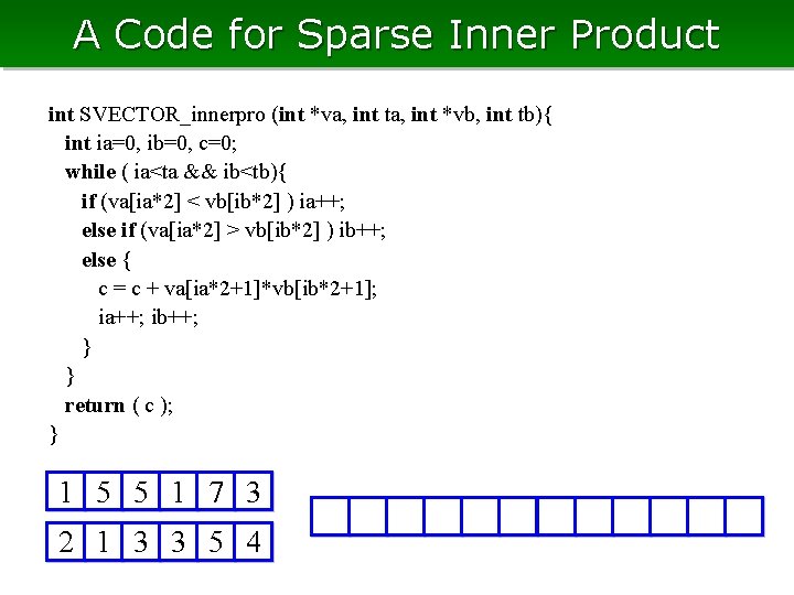 A Code for Sparse Inner Product int SVECTOR_innerpro (int *va, int ta, int *vb,