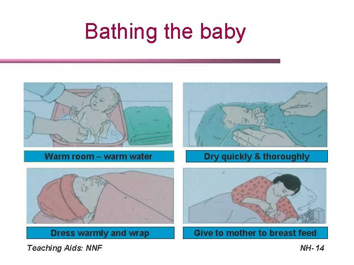 Bathing the baby Warm room – warm water Dry quickly & thoroughly Dress warmly